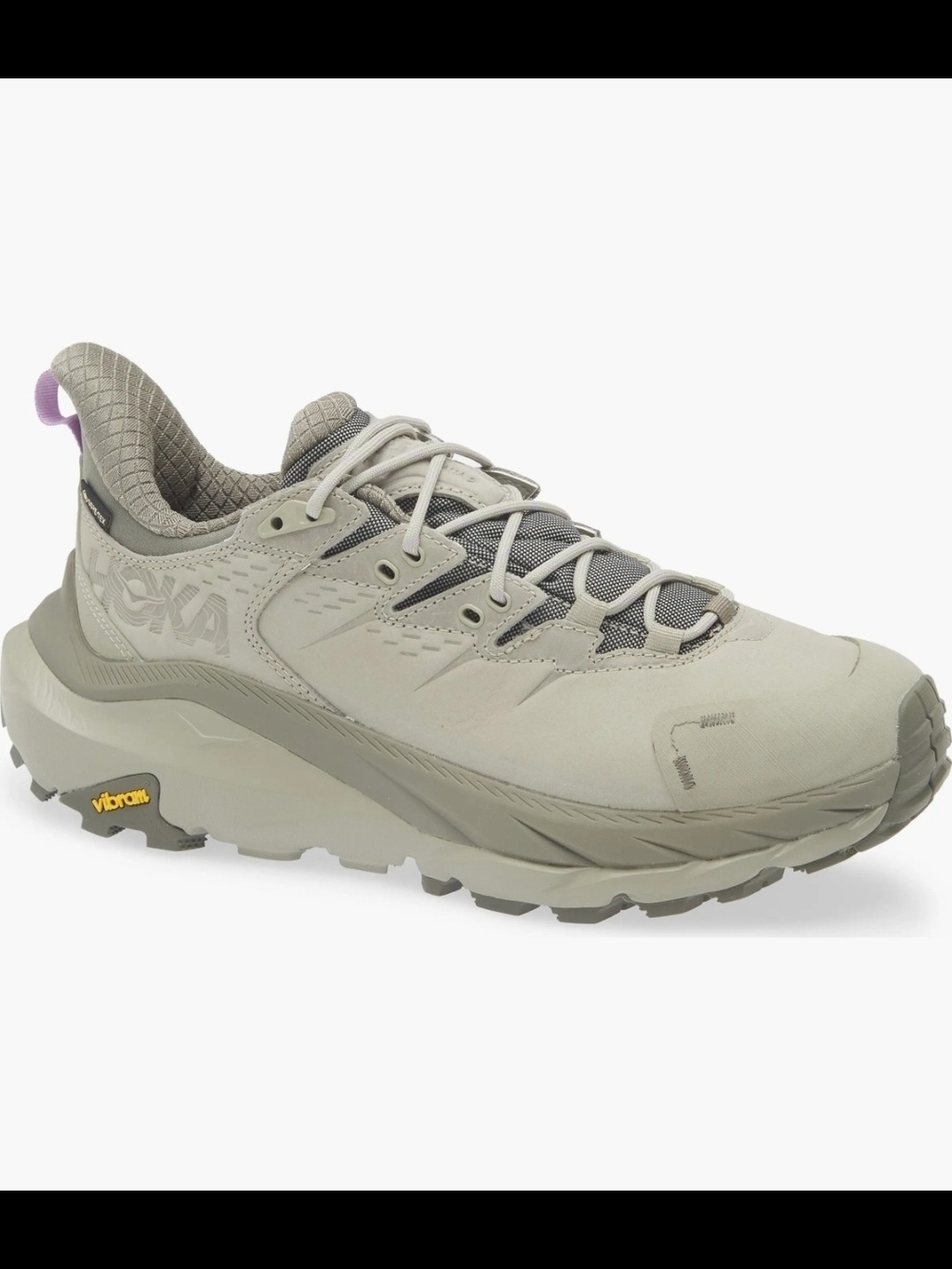 Hoka Women's Trail Sneaker in Light Olive with Purple Heel Tab